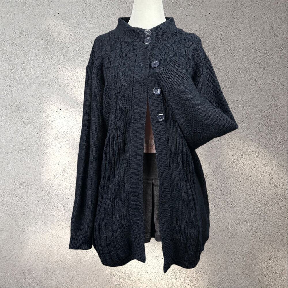 VTG Terry Cable Knit Cardigan Women's M Navy/Black Whimsy Preppy Cottage Fairy